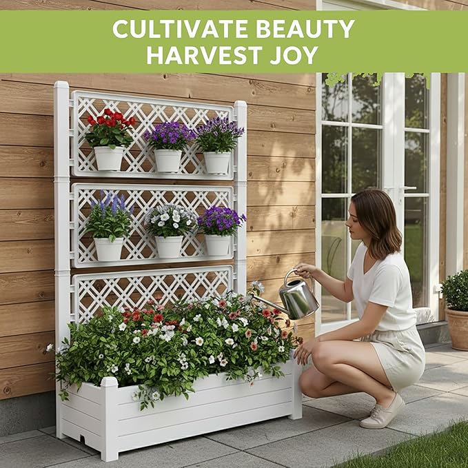 5.3' Tall Raised Garden Bed with Trellis, Outdoor Resin Plant Stand Planter Box with Drainage Plug for Veg/Fruits/Herb/Flower Best Choice for Backyard, Patio, Balcony (Ashen, 4 Pack)