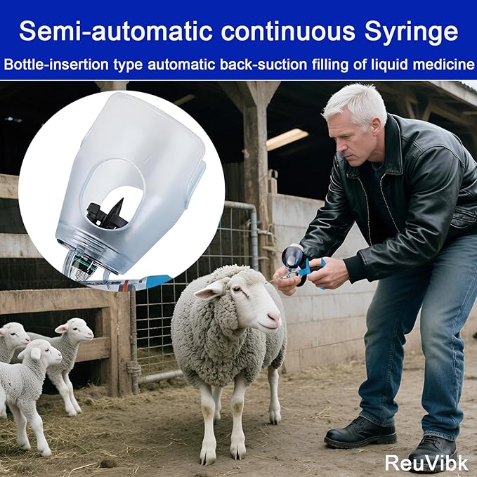 5ML Livestock Syringe Gun, Automatic Self Refill Injection Gun Continuous Adjustable Bottle Attachment Livestock Animal Syringe with 10 Needles, for Chicken, Duck, Pig, Sheep, Cow Poultry