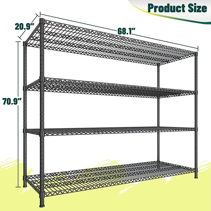 68.1"W Storage Shelves 2500LBS Wire Shelving Unit, Garage Shelving Heavy Duty, Adjustable Metal Shelving for Garage, Pantry, Kitchen, Basement, Warehouse, Business 68.1"W x 20.9"D x 70.9"H