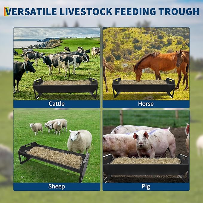 GarveeLife Livestock Feeding Trough, Heavy Duty Steel Livestock Trough for 10 Sheep Once, 22 Gallon Capacity 45.13" Hay Feeder for Horse, Goat, Sheep, Cattle, Cow, Alpaca, Black