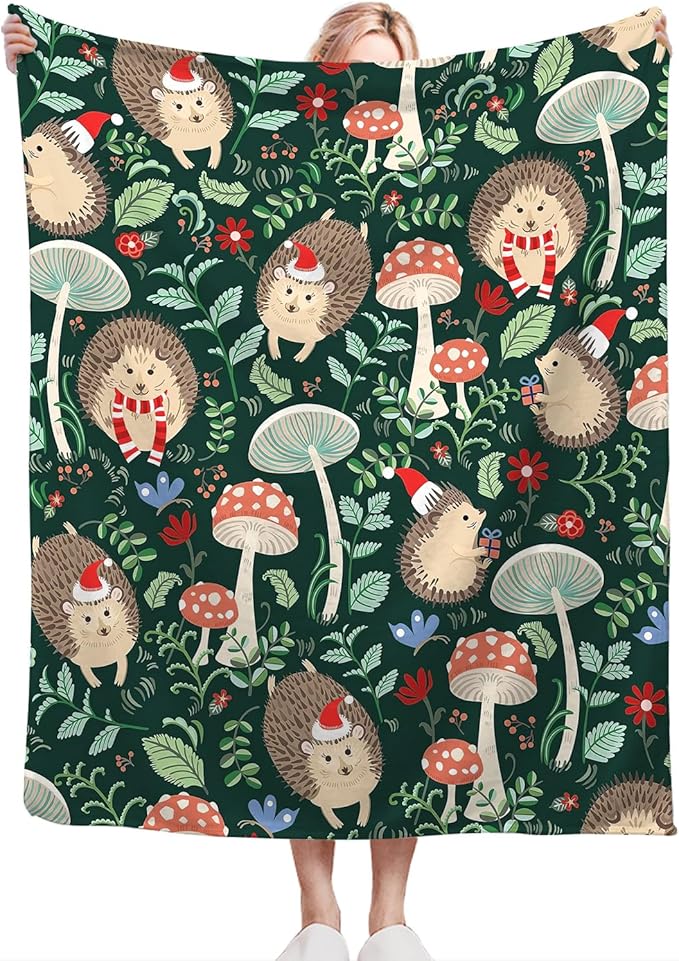 Hedgehog Blanket for Girls Boys Soft Warm Plush Cute Hedgehog Mushroom Throw Blanket Flannel Fleece Fuzzy Stuff for Bed Couch Living Room Decor 80"X60"