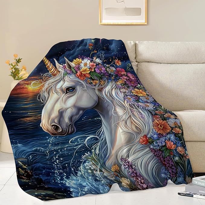 Unicorn Blanket, Ocean Unicorn Throw Blanket, Flower Gifts Blankets Stuff Fleece Flannel Plush for Girls Women Men Boys Lovers Adults Soft Bedding Gift for Sofa Bed Office Home Decor 80"x60"