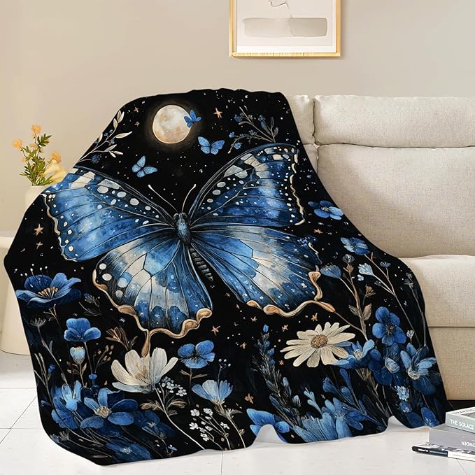 Butterfly Blanket, Blue Butterflies Throw Blanket, Flower Gifts Blankets Stuff Fleece Flannel Plush for Girls Women Men Boys Lovers Adults Soft Bedding Gift for Sofa Bed Office Home Decor 60"x50"