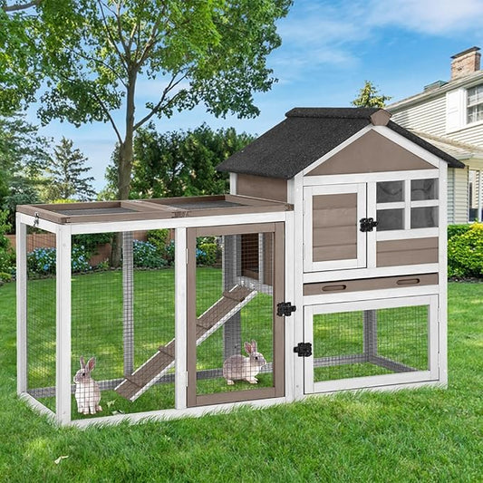 GUTINNEEN Large Rabbit Hutch Indoor 2-Level Wooden Chicken Coop Outdoor Bunny Guinea Pig Cage with Run, Chew-Proof Ramp, Leak-Proof Pull Out Tray, Lockable Doors for Small Animals (Brown & White)