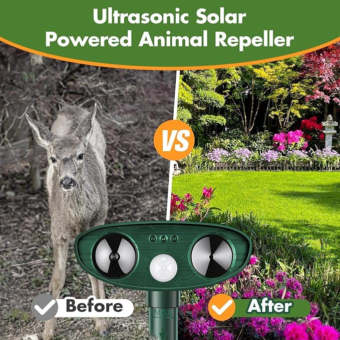 2 Pack Solar Animal Repellent Ultrasonic Deer Repellent Cat Repellent Outdoor to Repel Squirrel Rabbit Dog Raccoon Animal Deterrent with Motion Sensor Protect Yard Lawn Garden
