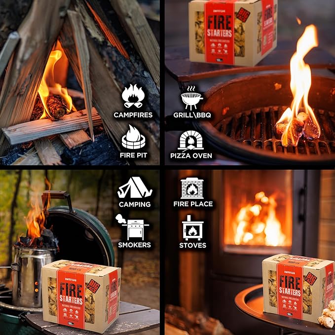 100 pcs Fire Starter - Natural Fire Starters for Campfires, Fire Pit, Pizza Oven, Fireplace, Smoker, BBQ, Pellet Stove & Wood - Fire Starters for Grill, Charcoal Starter