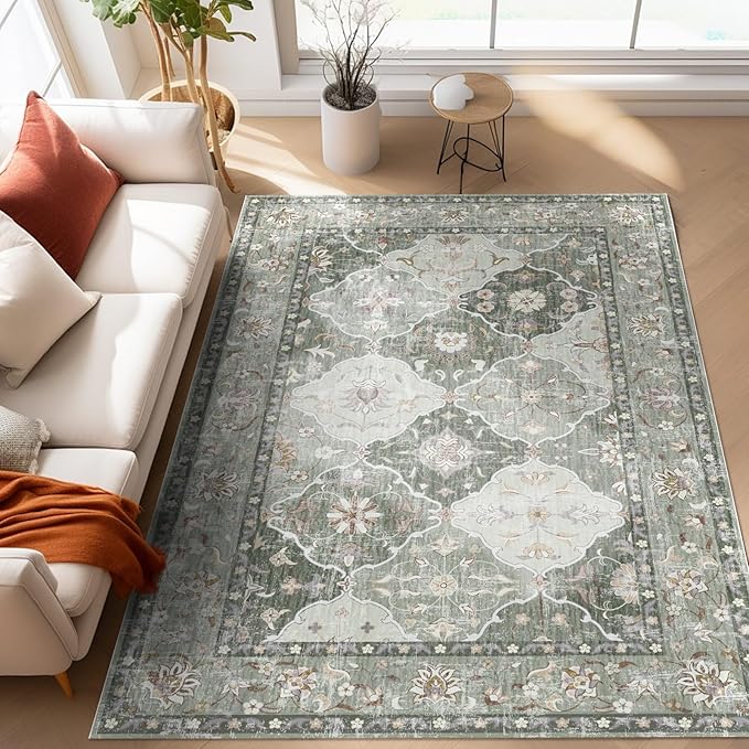 Boho Vintage Area Rugs 6×9 Washable Non-Slip Traditional Green Area Rug for Living Room Bedroom Dining Room and Farmhouse