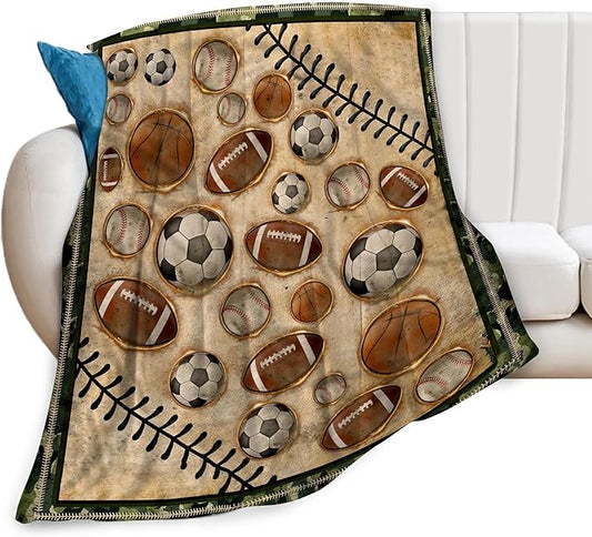 Vintage Sports Soccer Blanket Ultra Soft Cozy Plush Baseball Basketball Football Throw Blanket Sport Ball Fans Lovers Gifts Kids Adults Lightweight Flannel Comfy Blankets for Couch Sofa Bed 60"x50"