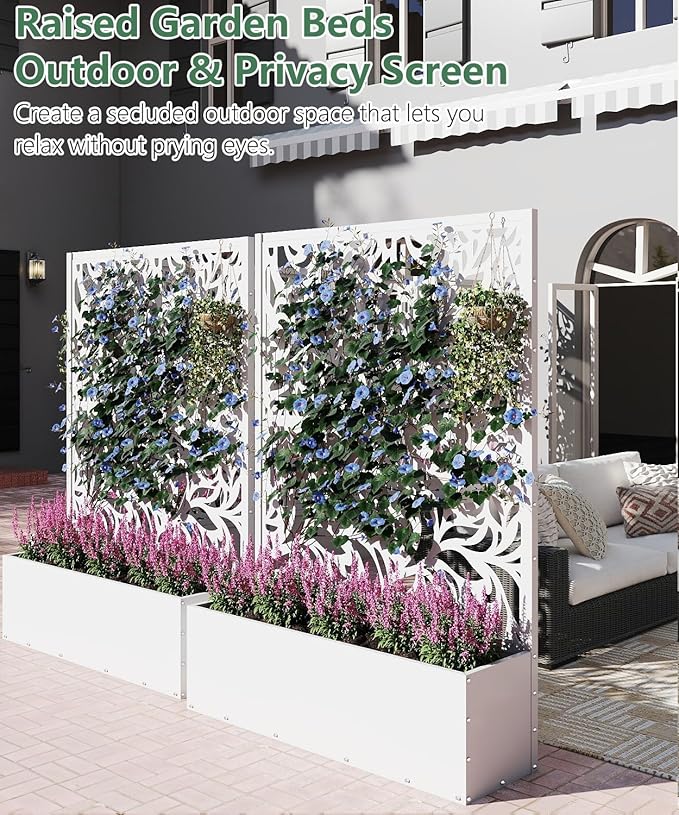 2PCS Metal Planter Box with Trellis,70.9"x47.2"x15.7" Raised Garden Bed with Drainage Holes, Privacy Planters for Outdoor Garden Bed for Climbing Plants,Vegetables,and Vines, White-Flower