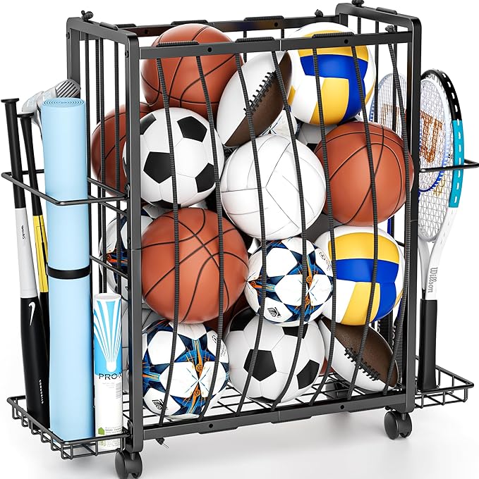 Sports Equipment Garage Organizer,Garage Ball Storage Rack for Sports with Wheels-Upgraded 3 Layers Organizer Rack Outdoor Basketball Racks for Balls with Holder and Hooks (Bright Black)