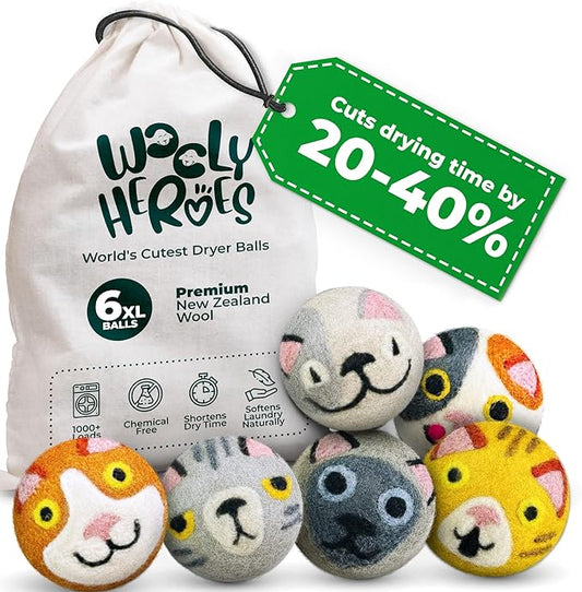No More Dryer Sheets! Reusable Wool Dryer Balls XL 6-Pack - Reduces Static, Cuts Dry Time, & Softens Naturally