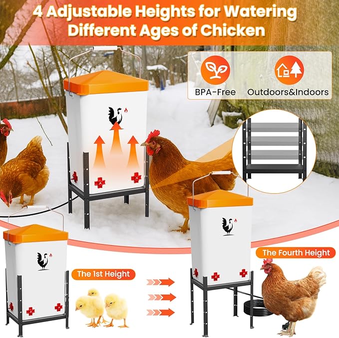 Heated Chicken Waterer for Winter, Poultry Water Heater with 4 Horizontal Nipples, Thermostatically Controlled, Adjustable Heights, Anti-Freezing Watering System for Coop (Orange, 12L)