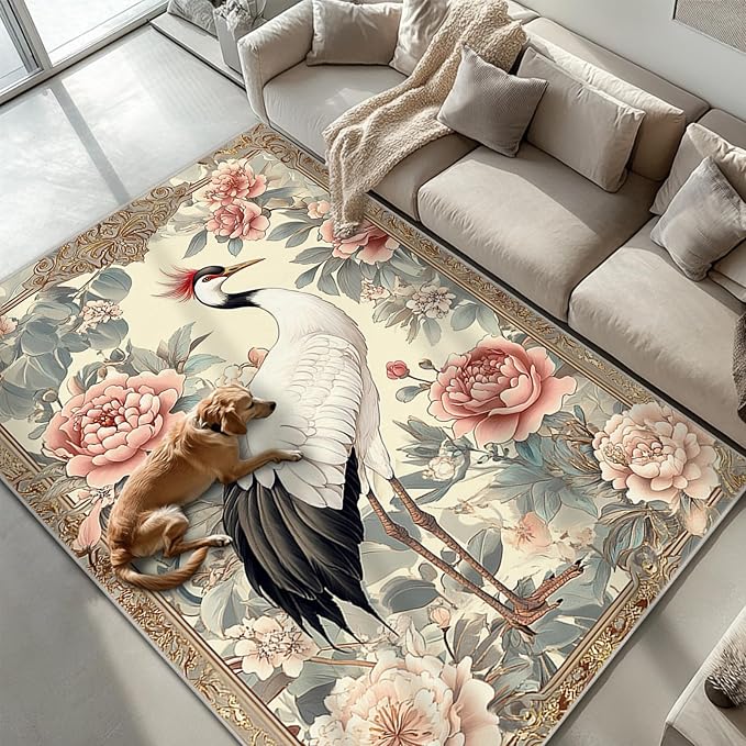 6x9 Crane Area Rugs Boho Japanese Crane Floral Rug for Living Room Indoor Soft Non-Slip Thin Large Carpet Beige Rugs for Bedroom Home Decor Under Table Washable Machine