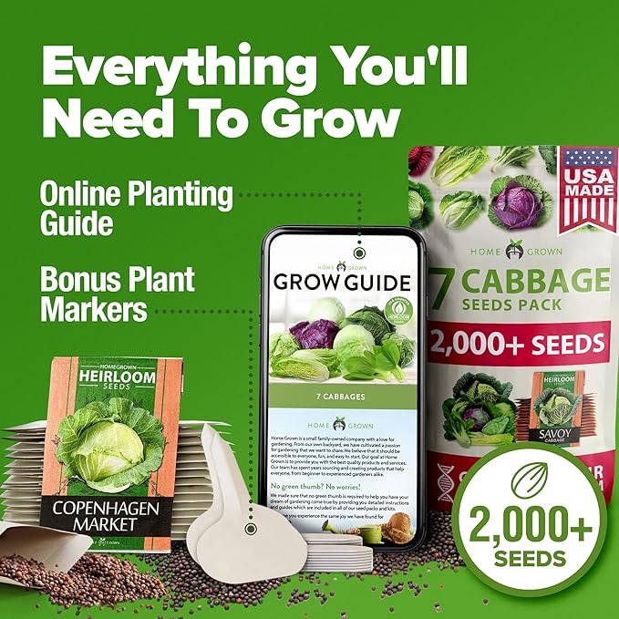 HOME GROWN 7 Cabbage Seeds for Planting - 2000+ Heirloom Seeds - Golden Acre,BokChoy,Savoy,Michihili, Red Acre, Copenhagen Market,Jersey Wakefield - Vegetable Seeds for Planting