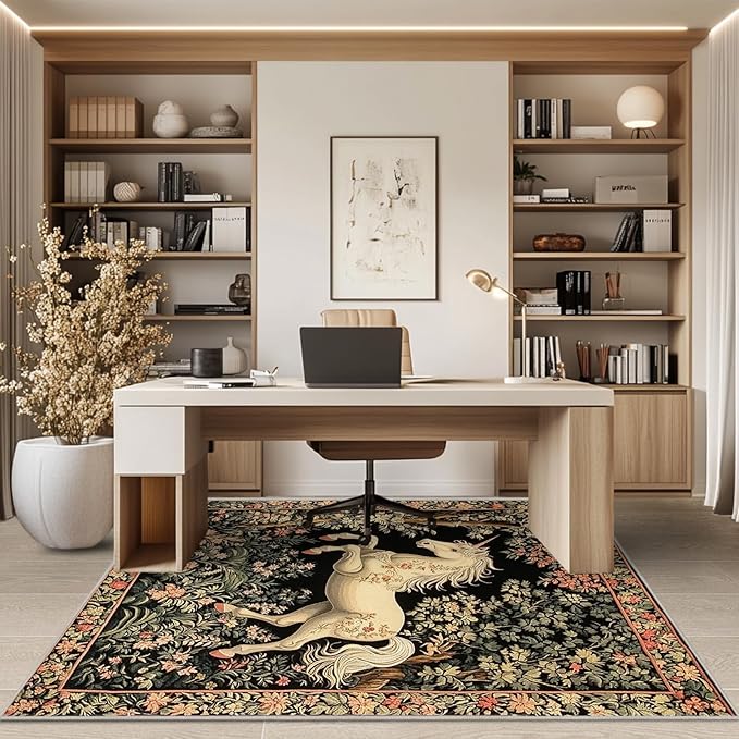 4x6 Unicorn Area Rugs Boho Floral Botanical Rug for Living Room Indoor Soft Non-Slip Thin Vintage Large Carpet Black Rugs for Bedroom Home Decor Under Table Washable Machine
