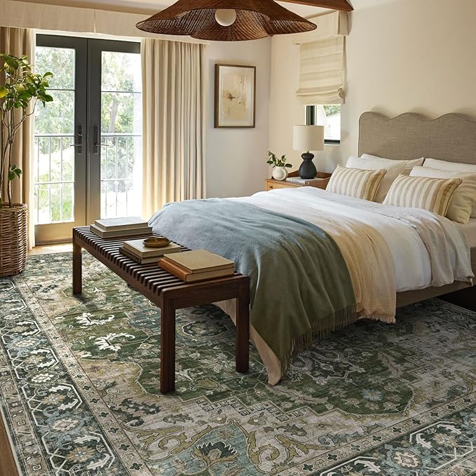 Washable Area Rug 8x10 - Large Moss Green Boho Rugs for Living Room Soft Vintage Bedroom Rug Ultra-Thin Oriental Farmhouse Distressed Carpet Non Slip Rug for Dining Room Guest Room Home Decor