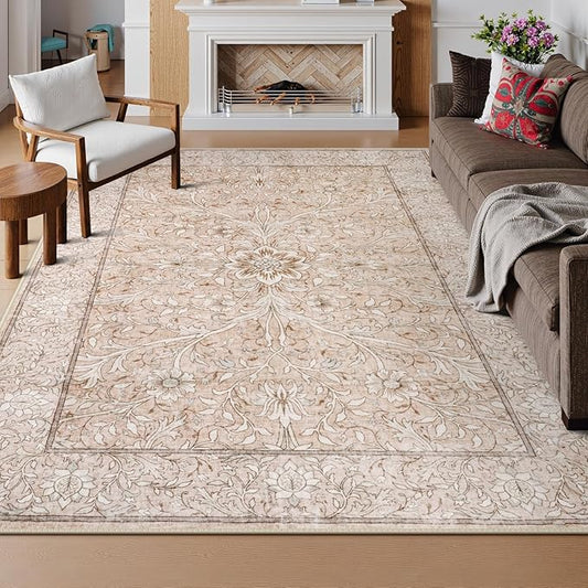 Collive 8x10 Area Rugs for Living Room, Washable Neutral Pink Hand-Painted Floral Bedroom Rug, Vintage Distressed Boho Non Slip Low Pile Large Carpet, Soft Retro Dining Room Office Rug, Pink Grey