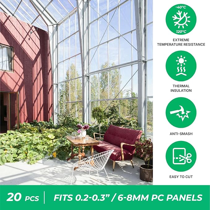 Polycarbonate Greenhouse Panels U Connector Profile - 20 Pieces, 2ft Length, Prevent Dust, Rain & Moisture from Getting into Twin-Wall Greenhouse Panels, Fit 8mm or 6mm Panels (U Connectors 8mm-2ft)