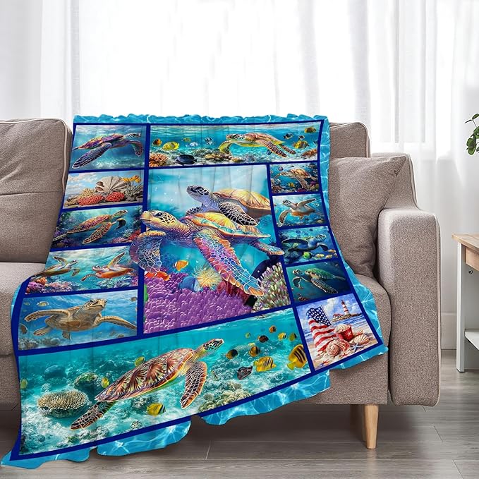 Sea Turtle Blanket Ultra Soft Cozy Sea Turtle Throw Blanket Fleece Fuzzy Plush Bedding Marine Life Lovers Gifts for Women Girls Kids Adults Couch Sofa 60"x50"