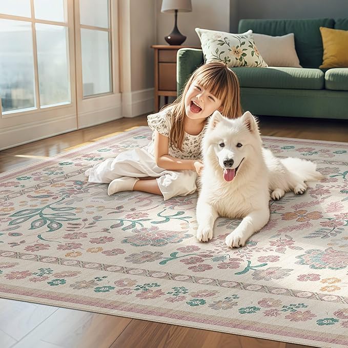 7x9 Area Rug Living Room Rugs - Washable Boho Vintage Floral Large Soft Non Slip Thin Rug Low Pile Carpet for Bedroom Dining Room Kids Playroom Office Decor Indoor- Pink