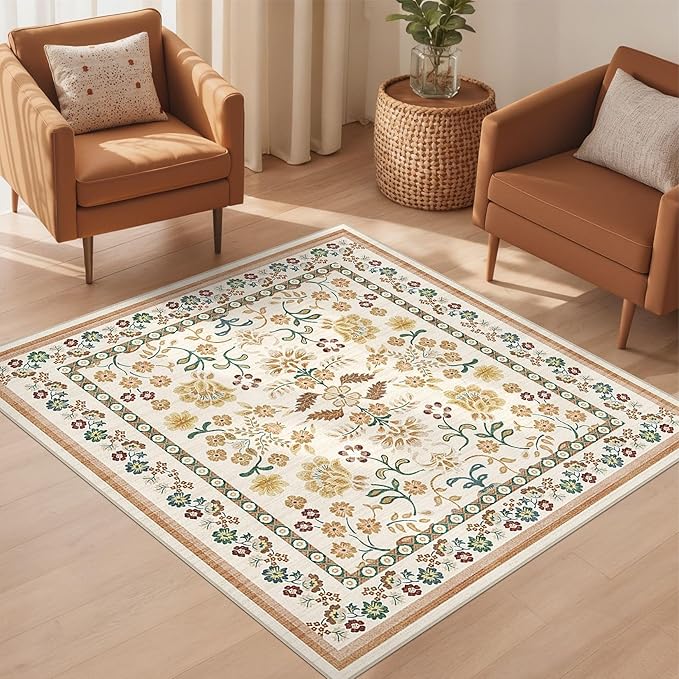 Square Area Rugs : Washable 5x5 Floral Carpet for Living Room Bedroom - Soft Floor Mat with Non Slip Backing for Kitchen Nursery Dorms Farmhouse Home Decor - Brown