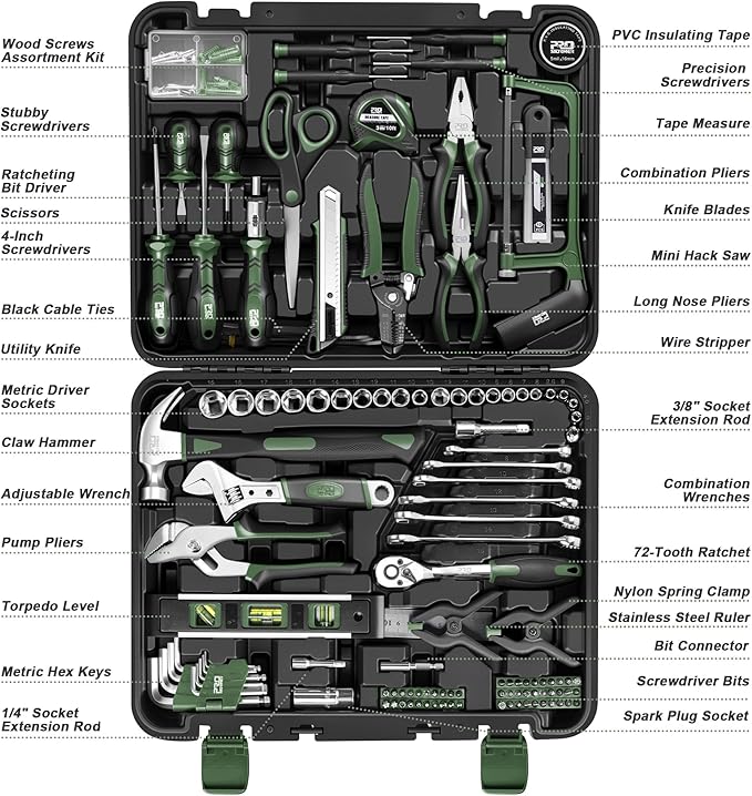 Prostormer 259-Piece Tool Kit, General Household Hand Tool Set with Plastic Storage Toolbox, Portable Complete Repair Tool Box for Home and Car (Green)