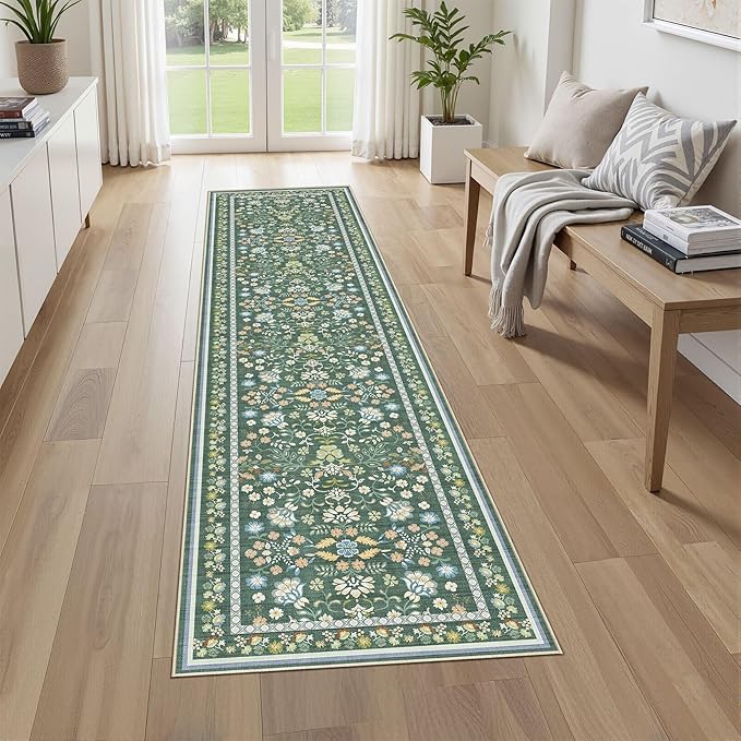 Runner Rug for Hallways Kitchen: 2x8 Washable Area Rug Boho Floral Soft Long Rug - Non-Slip Low Pile Throw Indoor Carpet for Entryway Kitchen Bedroom Laundry Bathroom - Green