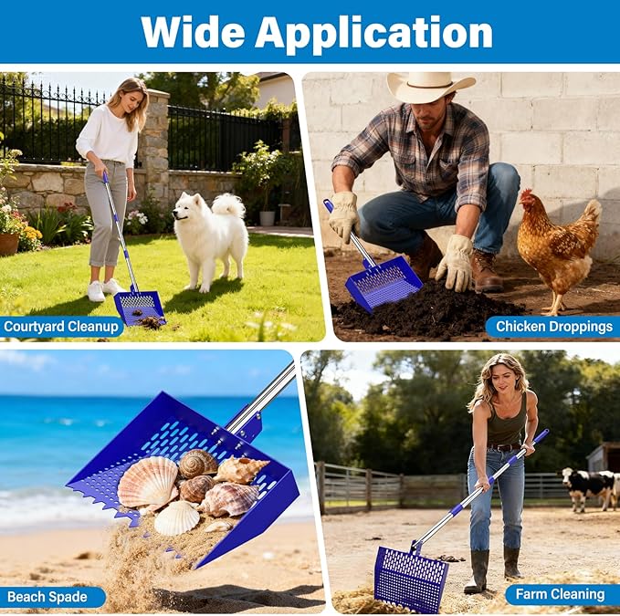 12-Inch 2-in-1 Chicken Poop Scooper & Rake, Chicken Coop Scoop with Adjustable Stainless Steel Handle （24–64"）, 3 Angles & 2 Sifting Holes, Litter Scoop Sand Sifting Shovel Pooper Scooper (Blue)