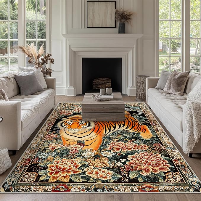4x6 Tiger Area Rugs Boho Tiger Rug for Living Room Indoor Soft Non-Slip Thin Large Carpet Vintage Rugs for Bedroom Home Decor Under Table Washable Machine
