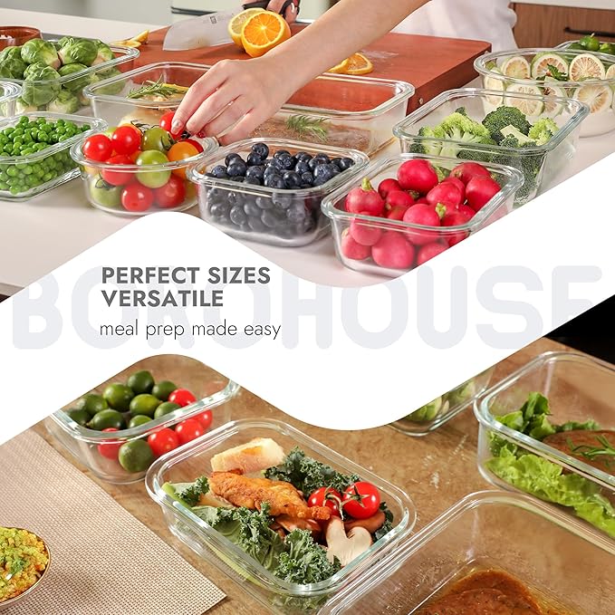 10-Pack Glass Food Storage Containers with Tempered Lids – Borosilicate, Airtight, Oven-Safe (-4°F~950°F), BPA-Free, 4.4 & 1.6 Cup, Leak-Proof, Dishwasher Safe (Gray)