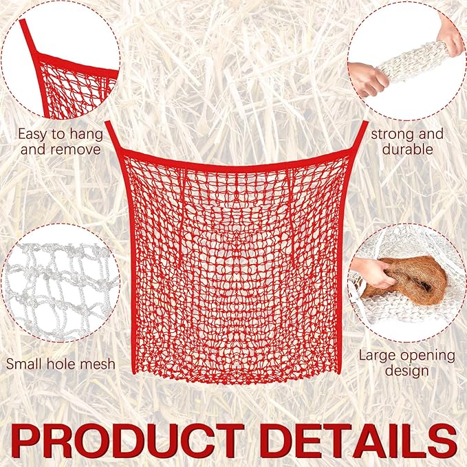 Fabbay 2 Pcs Slow Feed Hay Net Hay Feeder Bags for Horses Goat Stall Trailer Horse Feeding Supplies(35 x 31 Inch,Red)