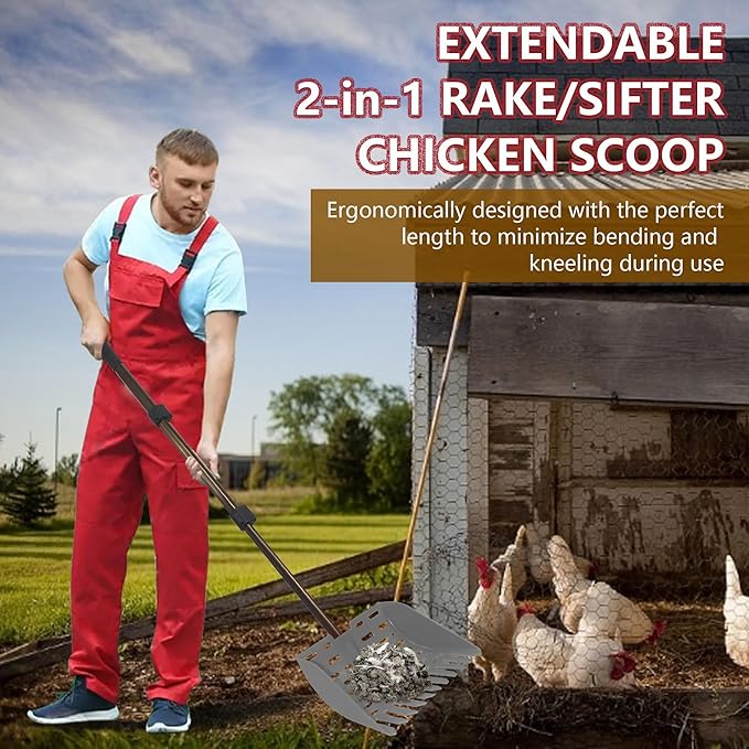 Chicken Poop Scooper & Rake 2-in-1 Telescopic Chicken Litter Scoop for Chicken Coops & Small Farm Animals Sand Sifting Litter Shovel (Orange)