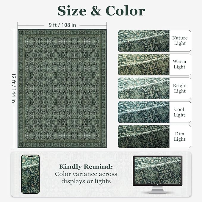 Dark Green Vintage Living Room Rug 9x12, Boho Floral Moroccan Pattern Printed Large Area Rugs for Bedroom, Washable Non Slip Low Pile Thin Carpet Rug for Dining Room Under Table