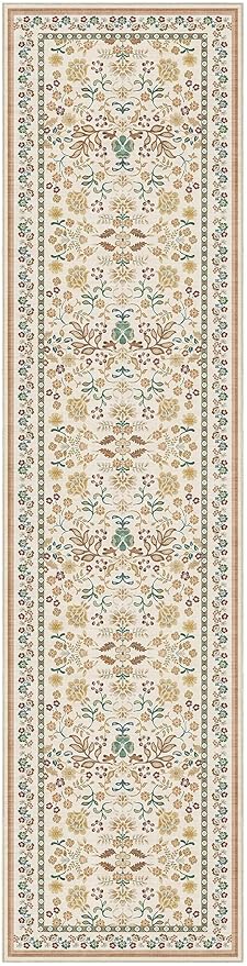 Runner Rug for Hallways Kitchen: 2x8 Washable Area Rug Boho Floral Soft Long Rug - Non-Slip Low Pile Throw Indoor Carpet for Entryway Kitchen Bedroom Laundry Bathroom - Brown