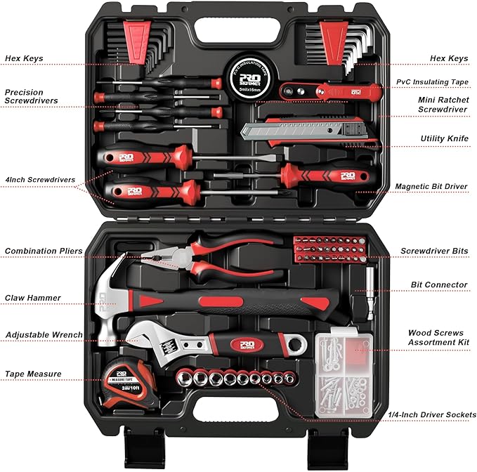 Prostormer 160-Piece Home Repair Tool Set, General Household Hand Tool Kit with Toolbox Storage Case for House, Garage, College Dorm and Office (Red)