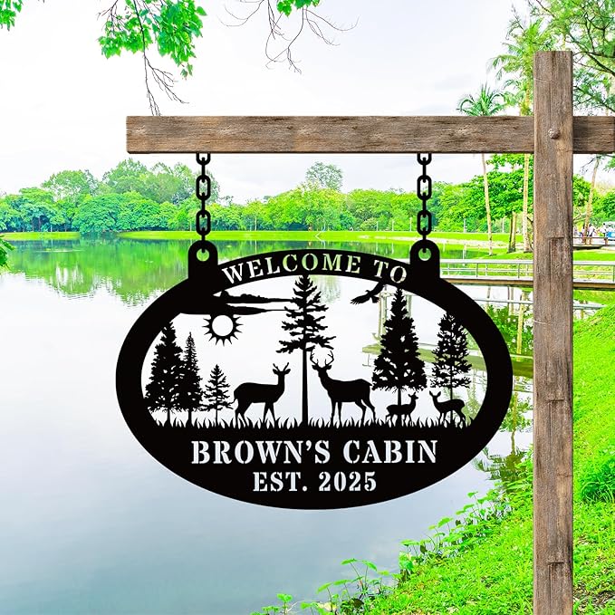 Custom Metal Lake House Cabin Sign，Personalized Oval Deer Metal Cabin Decor ，Custom Family Name Sign, Camping Signs，Outdoor Decor，Happy Campers Gift - Rustic Lake House Decor