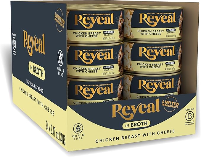 Reveal Natural Wet Canned Cat Food, Limited and Natural Ingredients, Grain Free, High Protein with No Artificial Additives, Chicken Breast with Cheese in Broth (24 x 2.47 oz Cans)