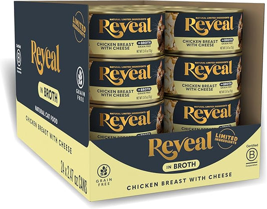 Reveal Natural Wet Canned Cat Food, Limited and Natural Ingredients, Grain Free, High Protein with No Artificial Additives, Chicken Breast with Cheese in Broth (24 x 2.47 oz Cans)