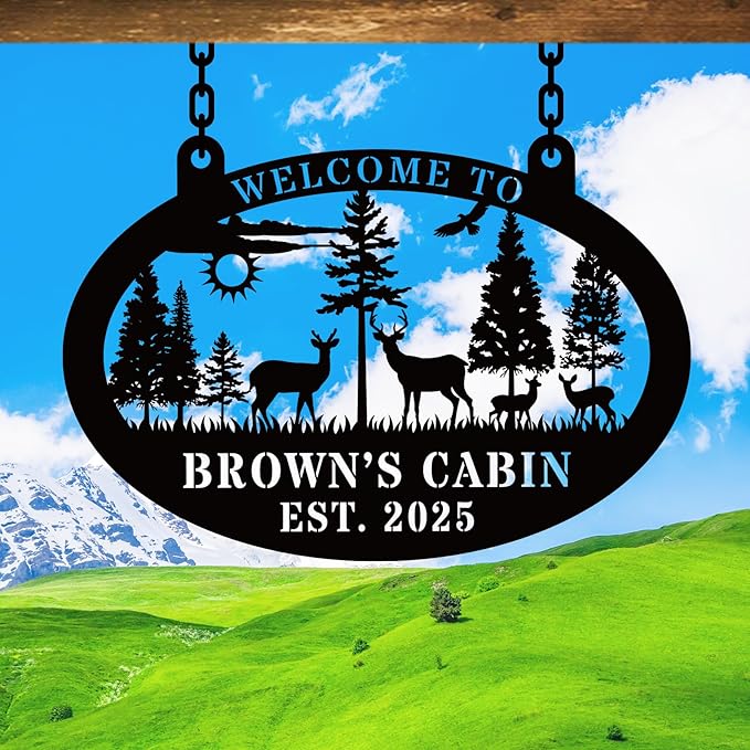 Custom Metal Lake House Cabin Sign，Personalized Oval Deer Metal Cabin Decor ，Custom Family Name Sign, Camping Signs，Outdoor Decor，Happy Campers Gift - Rustic Lake House Decor