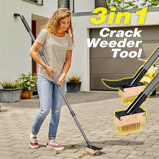 Walensee 3-in-1 Crack Weeder & Moss Remover Brush with 66.5-Inch Adjustable Handle, Weed Puller with 2 Replaceable Brush Heads and Scraper for Deck, Patio, Walkway, Driveway Crevice Cleaning Tool