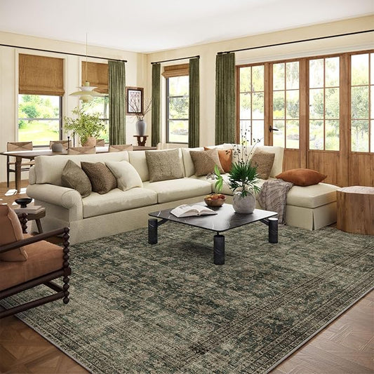 Washable Living Room Area Rug: 8x10 Rugs for Bedroom Vintage Stain Resistant Non Slip Low Pile Lightweight Boho Carpet for Kitchen Dining Room Farmhouse Kids Room Nursery