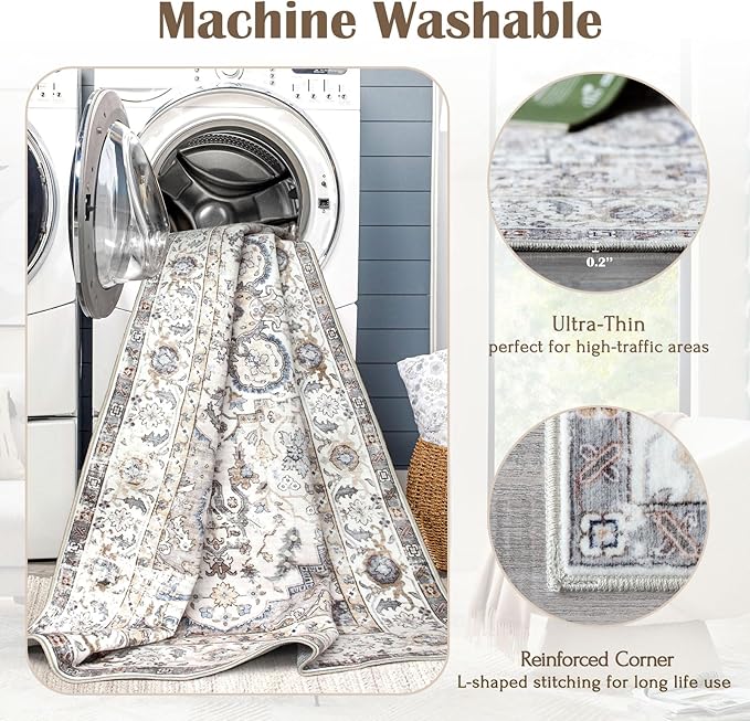 Washable Area Rug 8x10 - Large Cream Boho Rugs for Living Room Soft Vintage Bedroom Rug Ultra-Thin Farmhouse Oriental Distressed Carpet Non Slip Rug for Dining Room Guest Room Home Decor