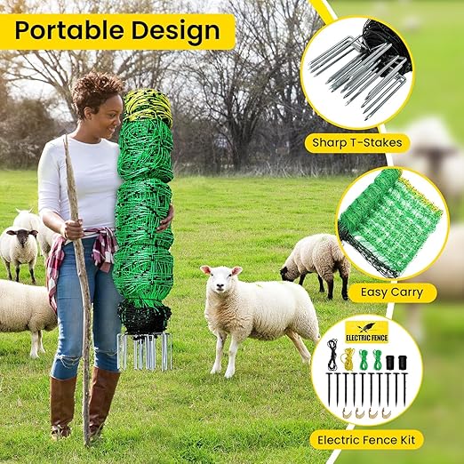 Electric Fence Netting, 49.6" H x 164'L Electric Anti-Predator Poultry Fence, PE Net Fencing Kit with 14 Posts Double Spiked, Movable Livestock Nets for Sheep, Hogs, Cattle and Other Poultry