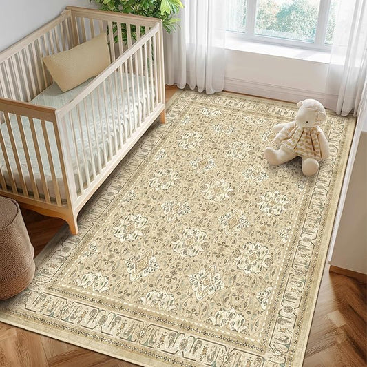 Warm Beige 5x8 Area Rug, Non Slip Washable Rugs for Living Room Bedroom Low Pile Thin Soft, Boho Neutral Floral Moroccan Pattern Printed Carpet Rug for Dining Room Home Office Nursery Playroom
