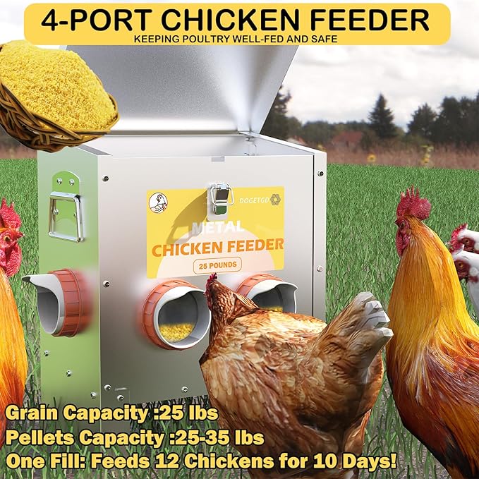 Automatic Chicken Feeder No Waste Metal Poultry Feeder Large Capacity 25lbs for Chickens, Geese, Ducks, Turkeys, Quails (4-Port)