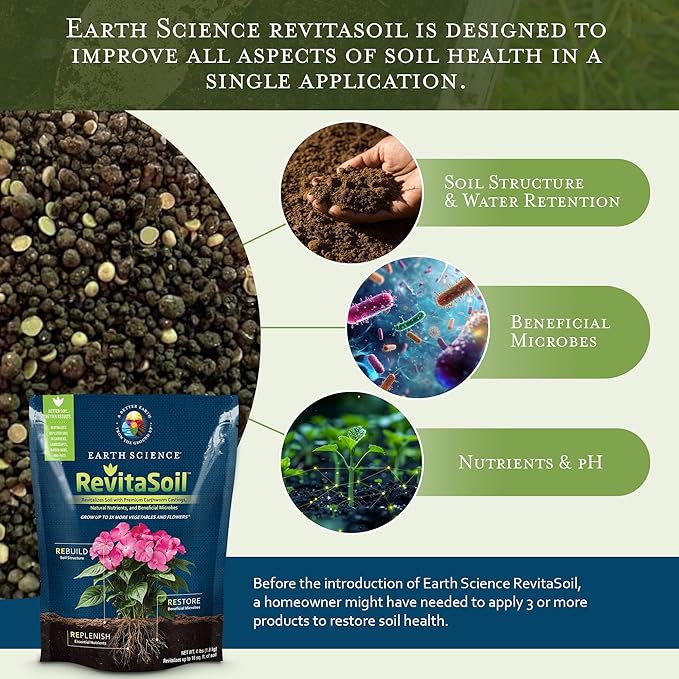 Earth Science RevitaSoil Soil Amendment, 4lb - Organic Soil Booster - Earthworm Castings, Worm Castings, Growth Enhancer, Nutrients - Grow 3X More Plants, Gardens, Landscapes, Raised Beds