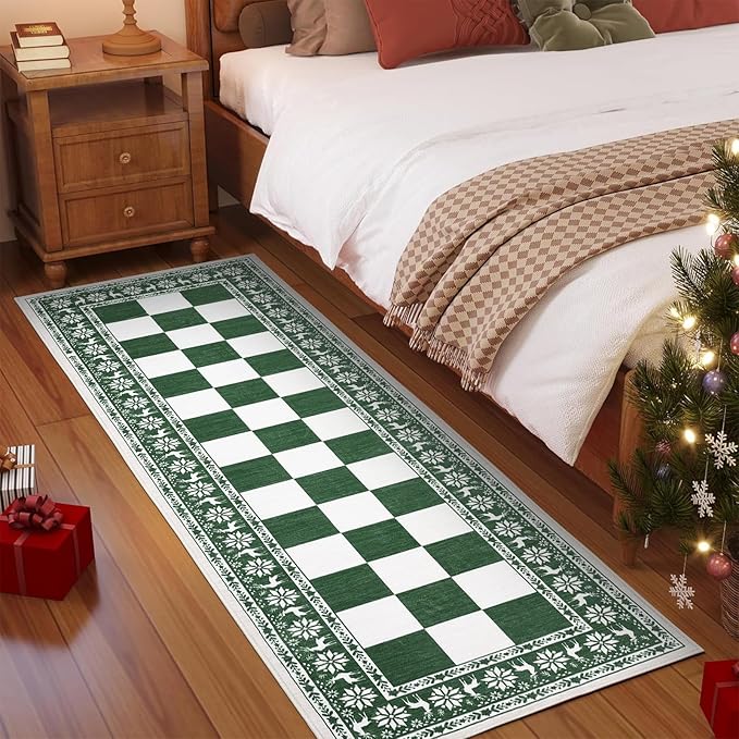 GarveeHome Green 2x6 Runner Rug, Washable Rug for Christmas Decor, Indoor Non Slip Carpet, Checkered Soft Low Pile Christmas Rugs for Kitchen, Entryway, Living Room, Bedroom