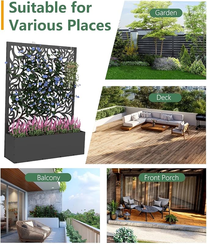 2PCS Metal Planter Box with Trellis,70.9"x47.2"x15.7" Raised Garden Bed with Drainage Holes, Privacy Planters for Outdoor Garden Bed for Climbing Plants,Vegetables,and Vines, Black-Flower