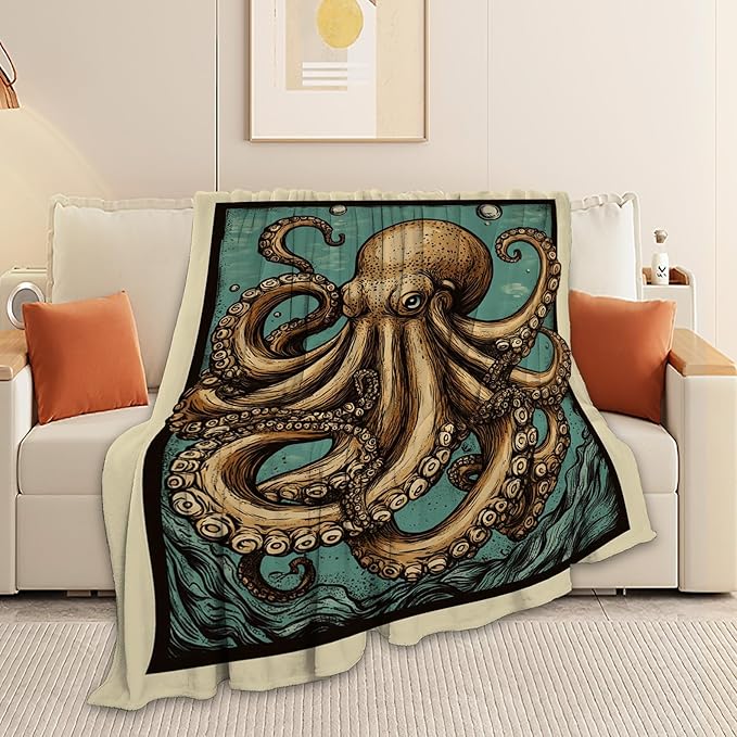 Octopus Blanket, Ocean Octopus Throw Blanket, Nautical Marine Gifts Blankets Stuff Fleece Flannel Plush for Girls Women Men Boys Lovers Adults Soft Bedding Gift for Sofa Bed Office Home Decor 80"x60"