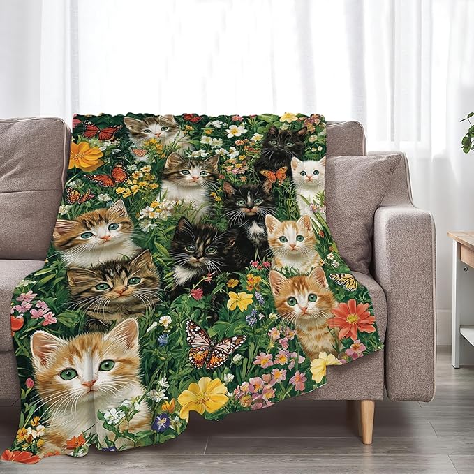 Cat Throw Blanket Ultra Soft Cozy Deer Flower Cats Blanket Fleece Fuzzy Plush Cat Lovers Decor Gifts for Women Girls Adults Couch Sofa 80"x60"